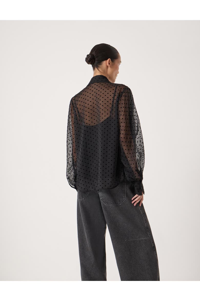 Tie Neck Flocked Spot Blouse, Alternate, color, Black