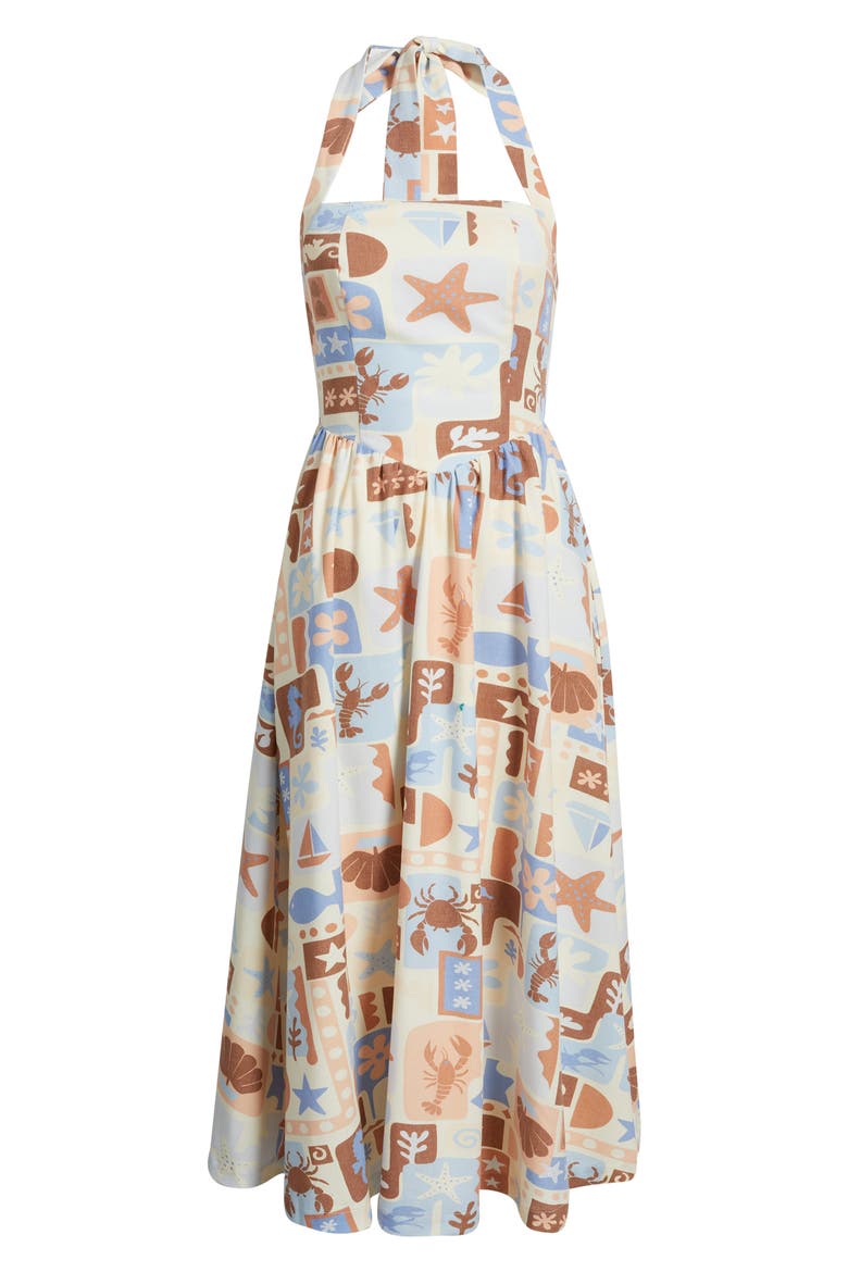 Beach Print Halter Sundress, Alternate, color, IVORY/ BLUE
