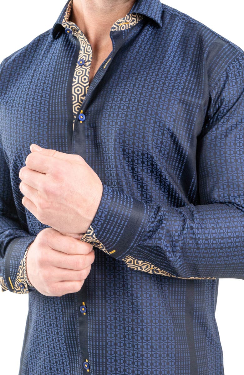 Maceoo Einstein Jacqhoneythree Blue Contemporary Fit Cotton Blend Button-Up Shirt, Alternate, color,