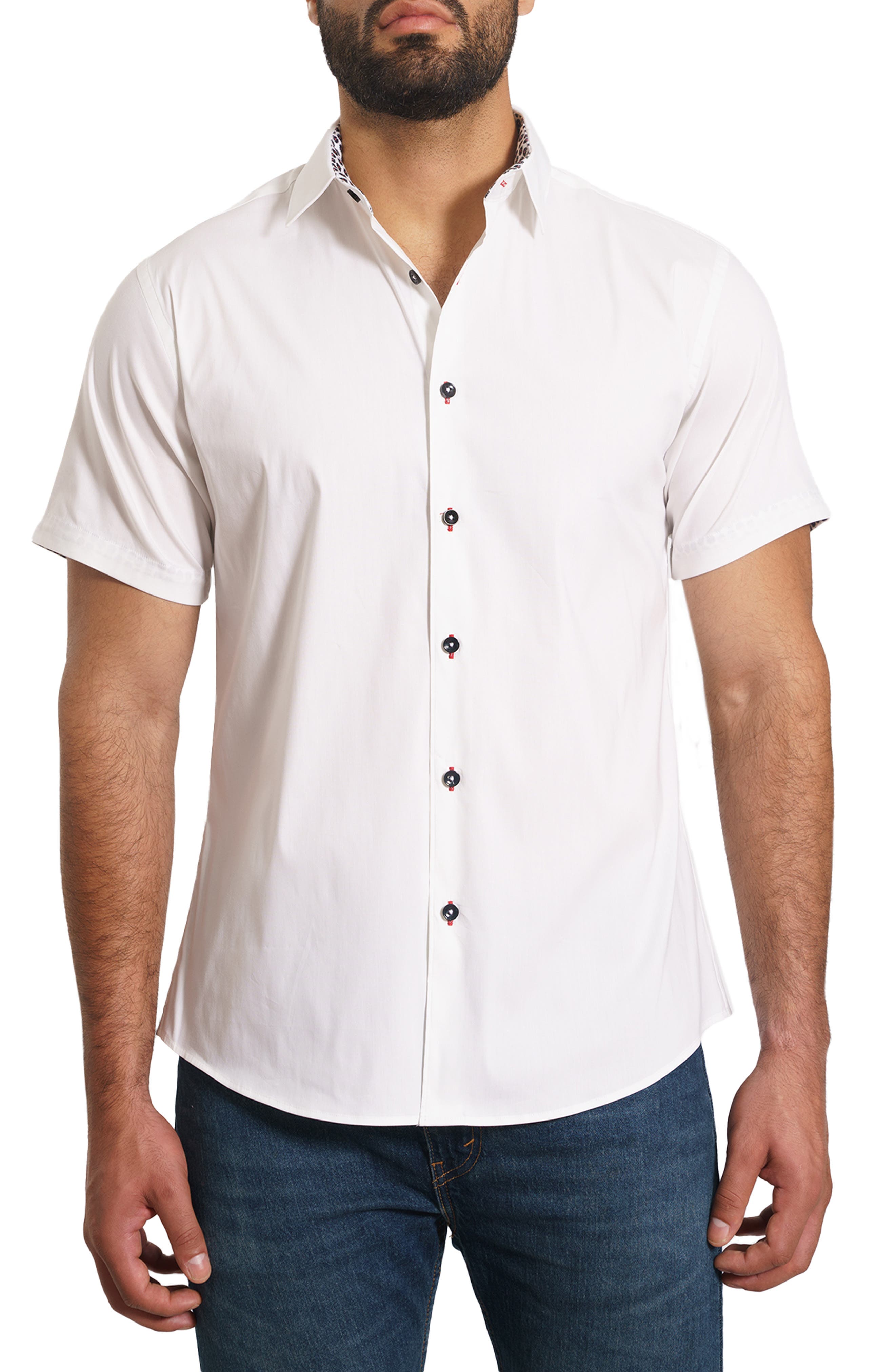 Jared Lang Trim Fit Solid Cotton Short Sleeve Button-Up Shirt