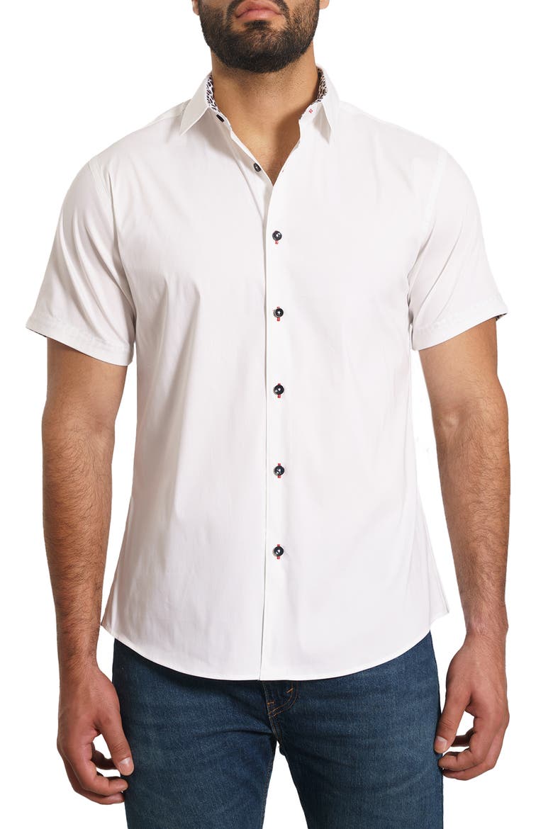 Trim Fit Solid Cotton Short Sleeve Button-Up Shirt, Main, color, WHITE