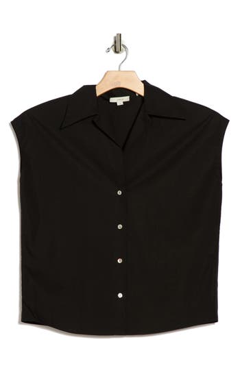Vince Cap Sleeve Cotton Button-up Shirt In Black