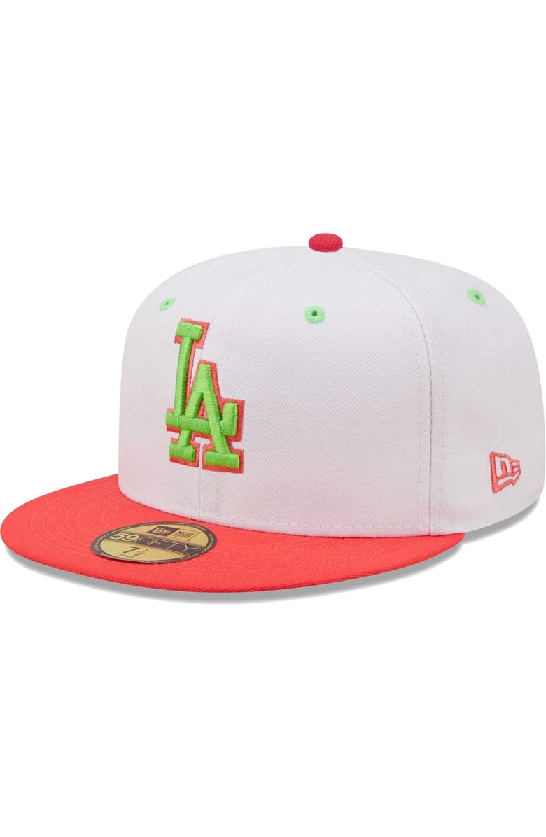 New Era Men's New Era White/Coral Los Angeles Dodgers 100th Anniversary Strawberry Lolli 59FIFTY Fitted Hat, Alternate, color, 