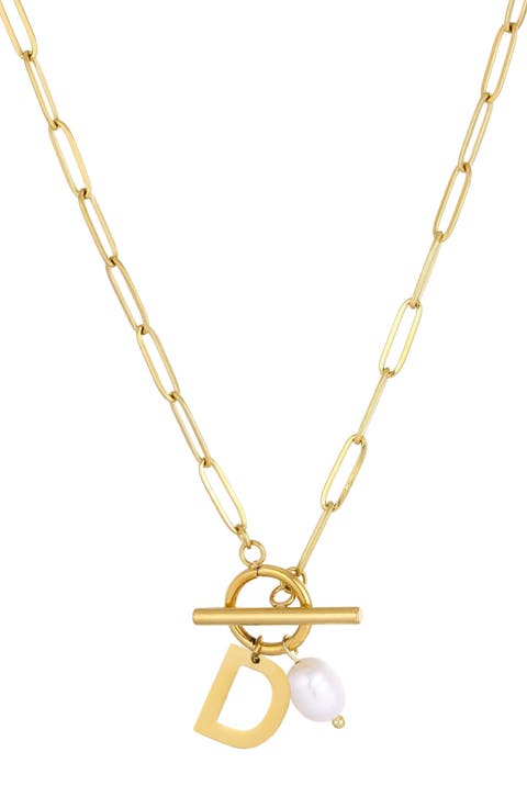 18K Gold Plated Pearl & Initial Toggle Pendant Necklace