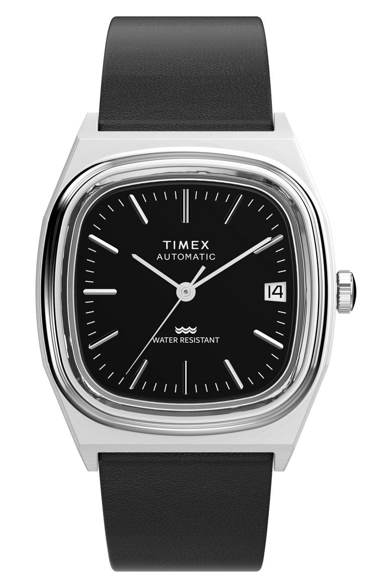 TIMEX リイシュー1983 E-lineブラック Timex® Automatic 1983 E-Line Reissue Leather Strap Watch, 34mm