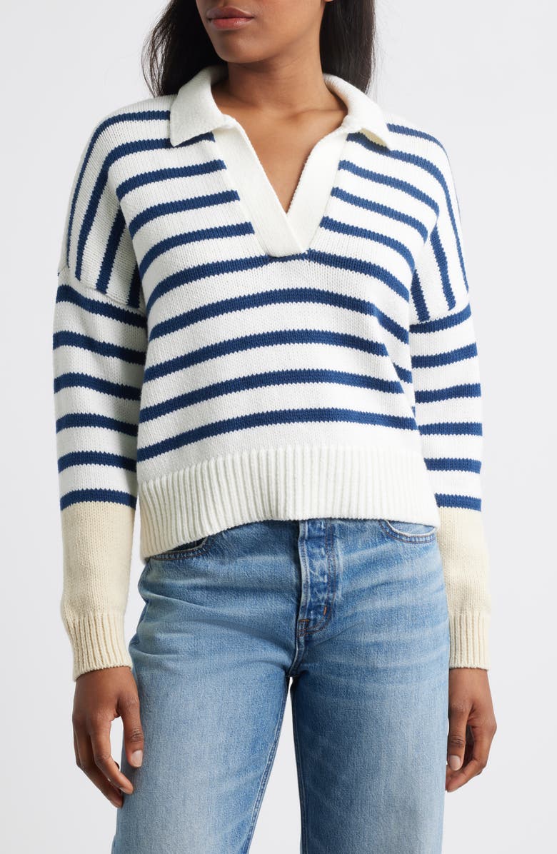 Madewell Dedham Stripe Polo Sweater, Main, color, Ink And White Combo