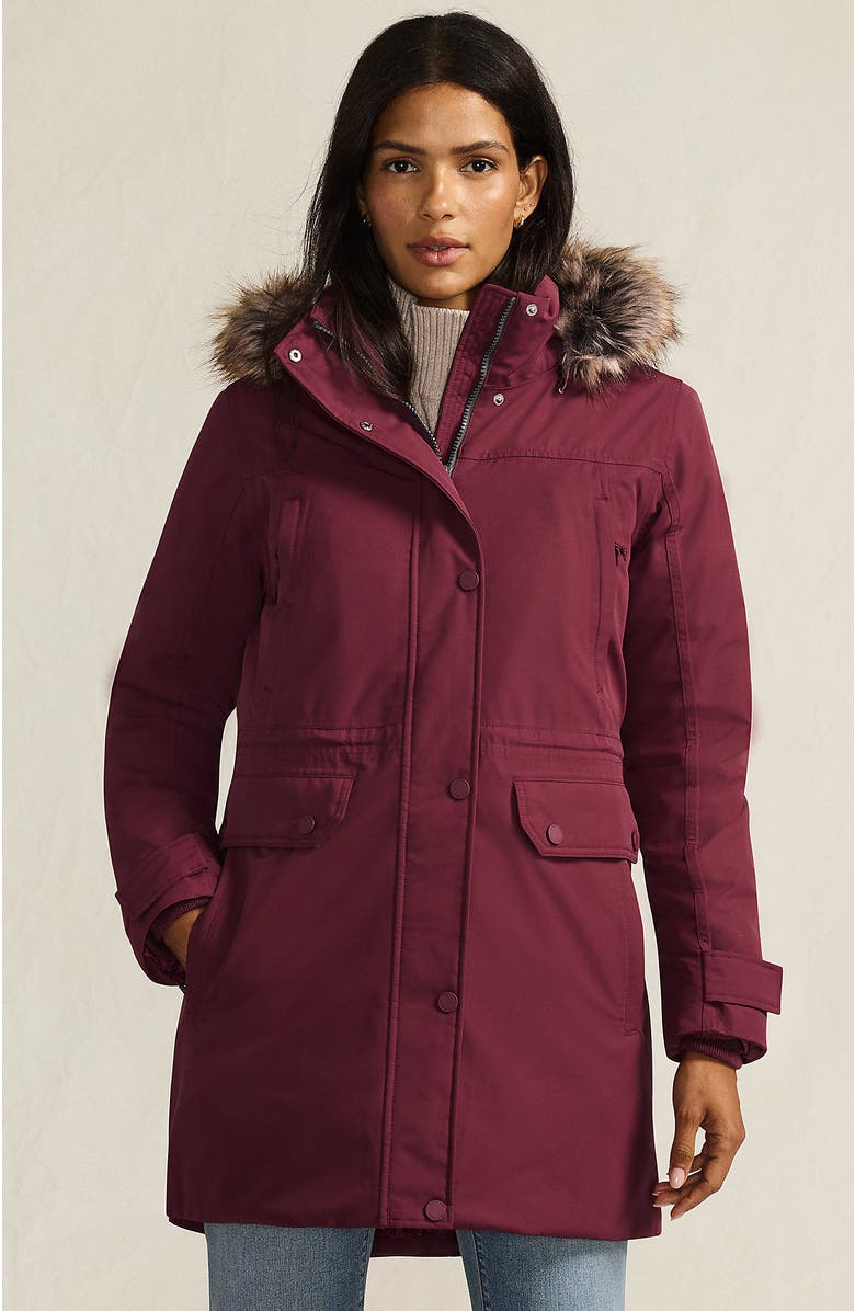 Lands' End Expedition Waterproof Down Winter Parka with Faux Fur Hood, Main, color, Burgundy Spritz