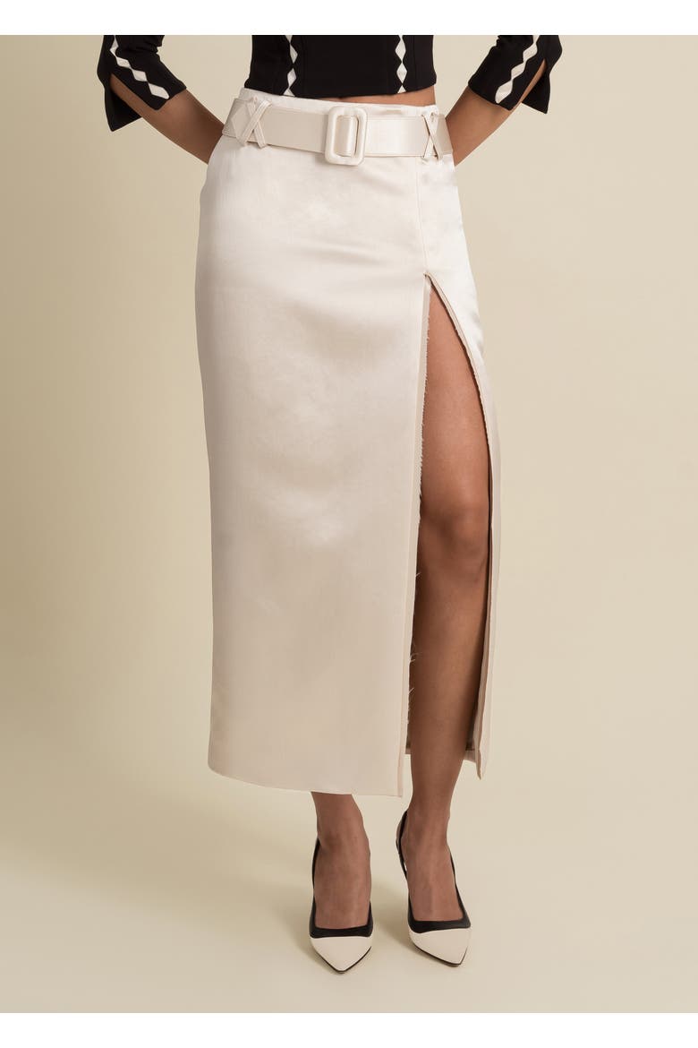 Morgaine Mid-Rise Fluid Elegant Shiny Sateen Skirt, Alternate, color, Champagne