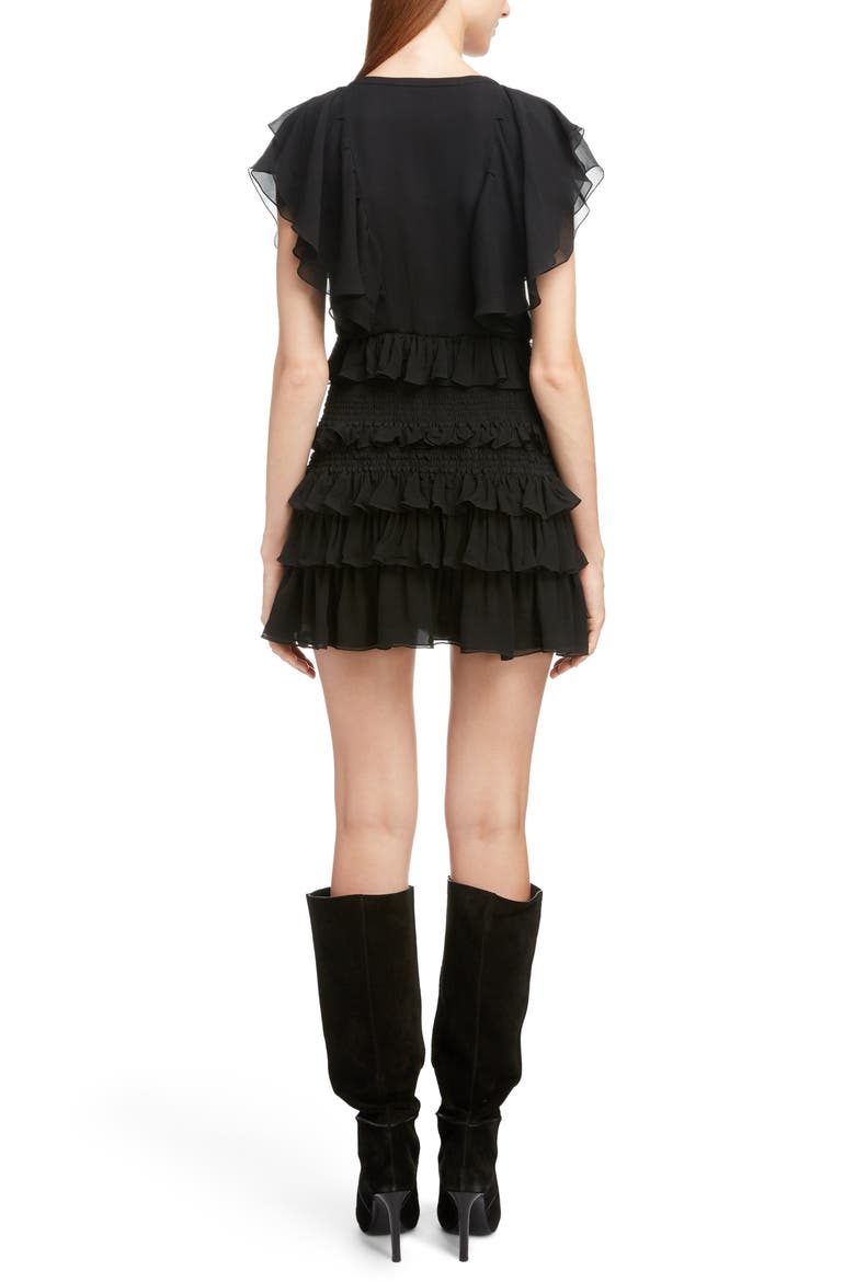 Smocked Silk Ruffle Minidress, Alternate, color, NOIR