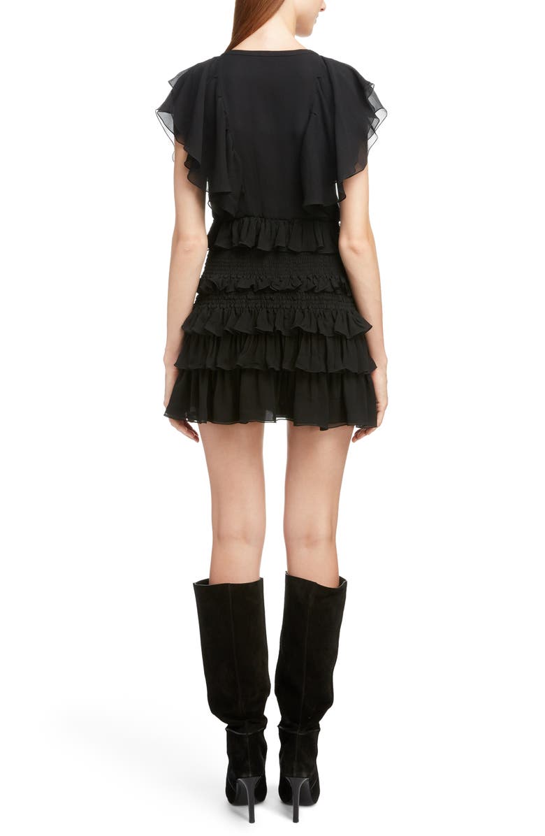 Saint Laurent Smocked Silk Ruffle Minidress, Alternate, color,