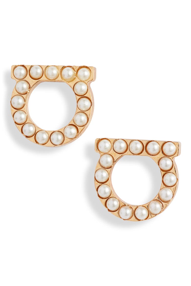 Salvatore Ferragamo Small Gancio Imitation Pearl Stud Earrings, Main, color, GOLD/ PEARL