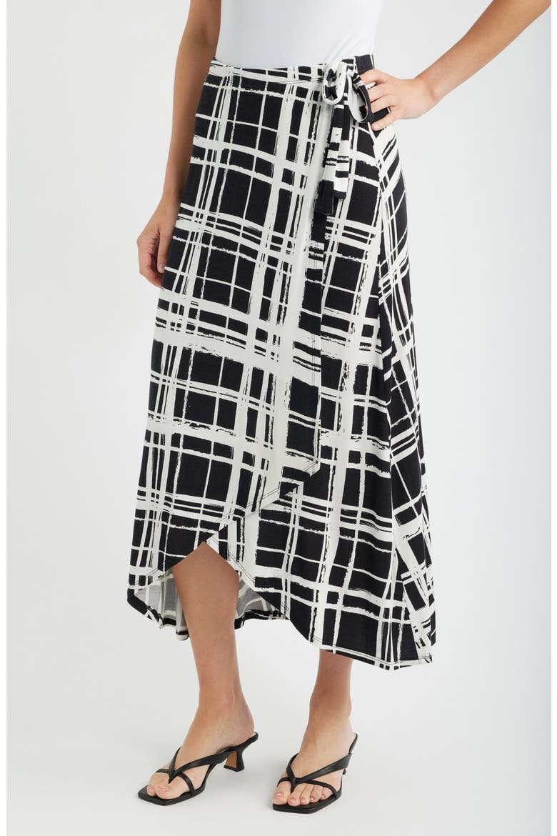 Windowpane Plaid Faux Wrap Knit Skirt, Main, color, BLACK/ IVORY
