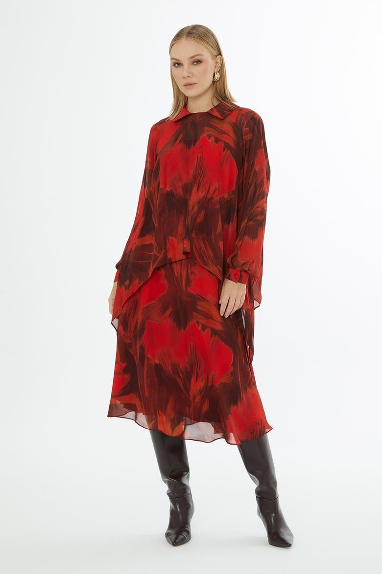 Collared Patterned Relaxed-Fit Blouse with Inner Camisole, Main, color, Red