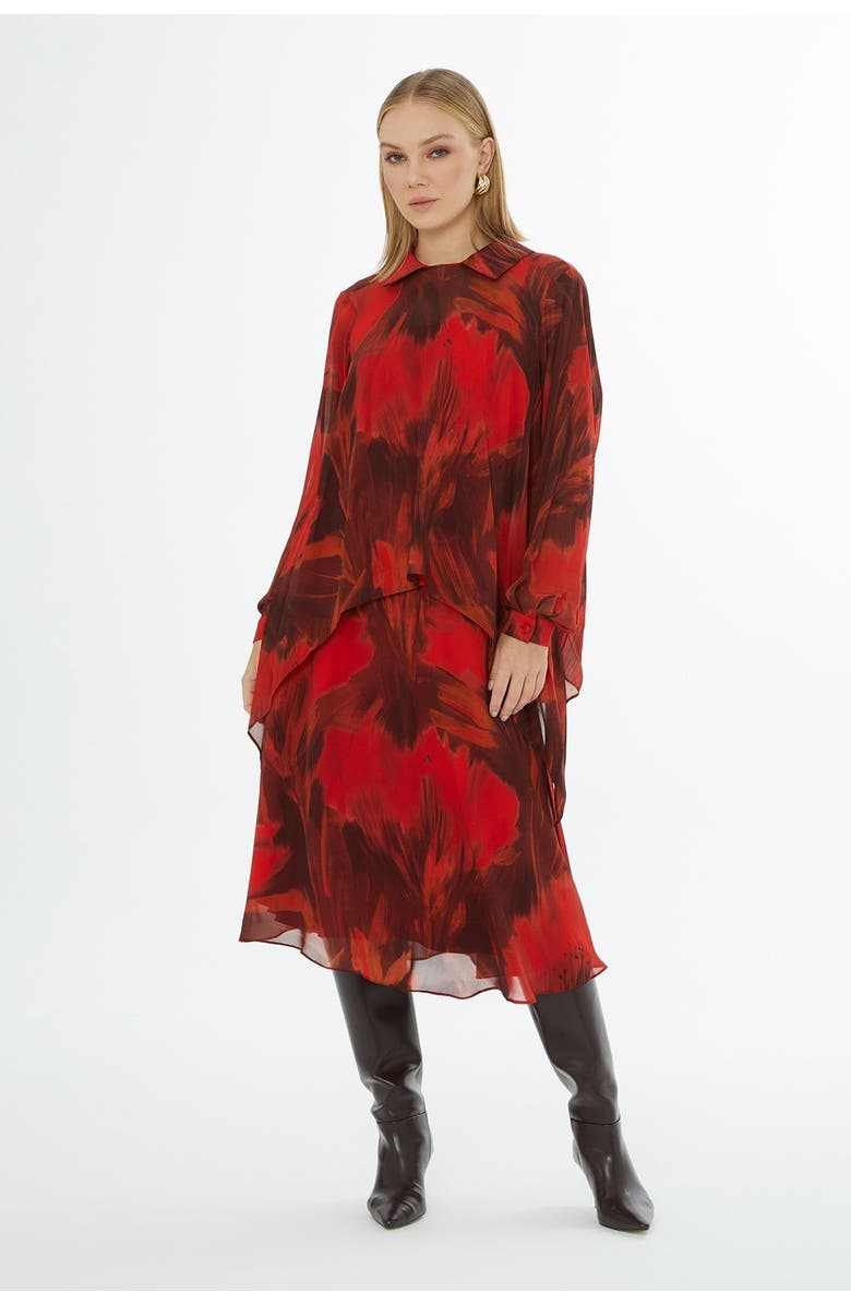 Gizia Collared Patterned Relaxed-Fit Blouse with Inner Camisole, Main, color, Red