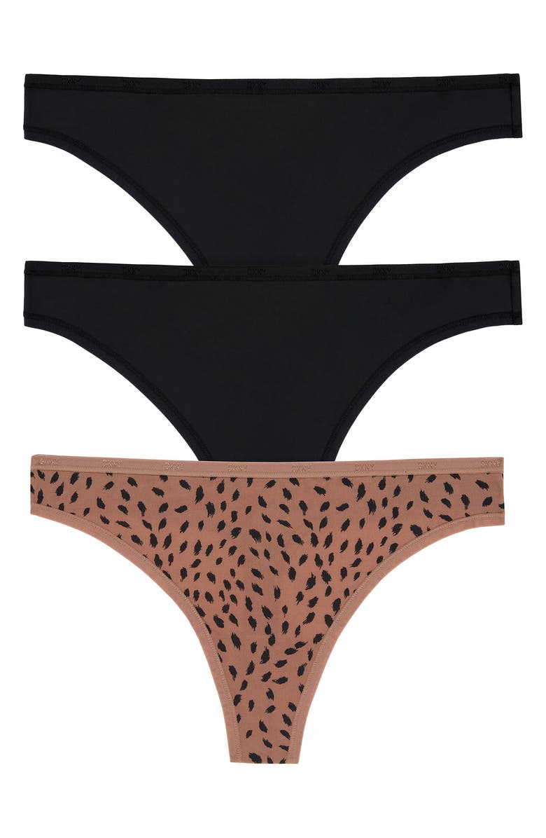 DKNY Assorted 3-Pack Microfiber Thongs, Main, color, Black/ Animal Assorted