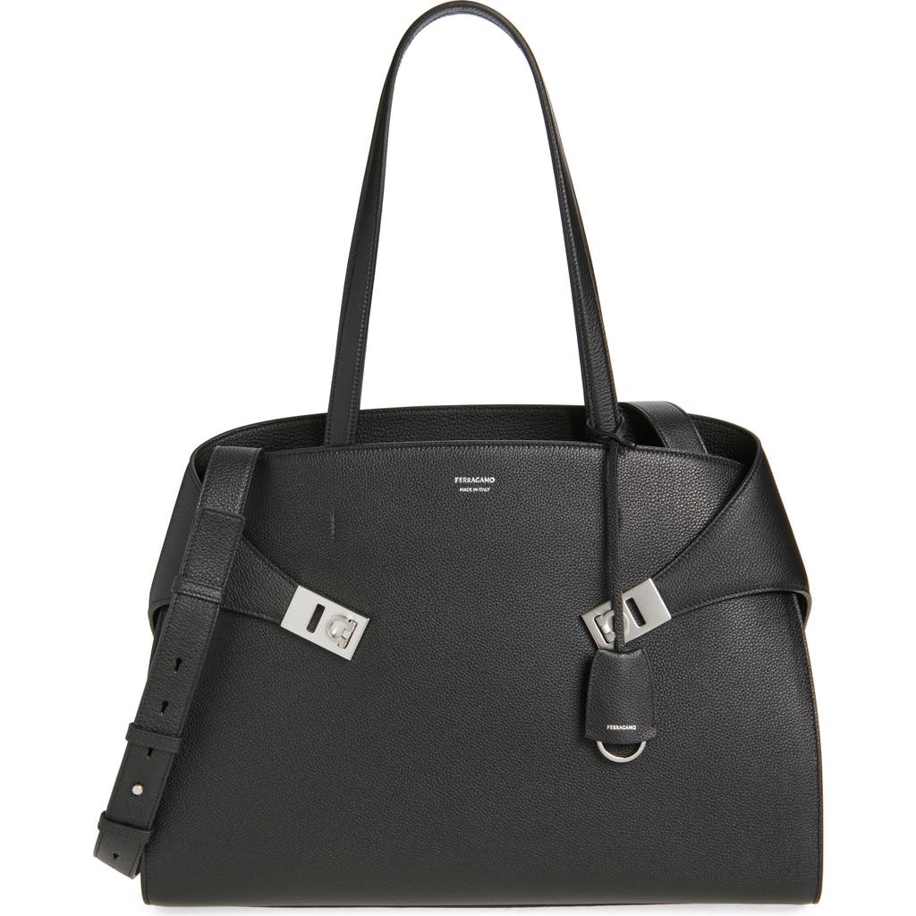 Ferragamo Hug Calfskin Leather Tote In Black