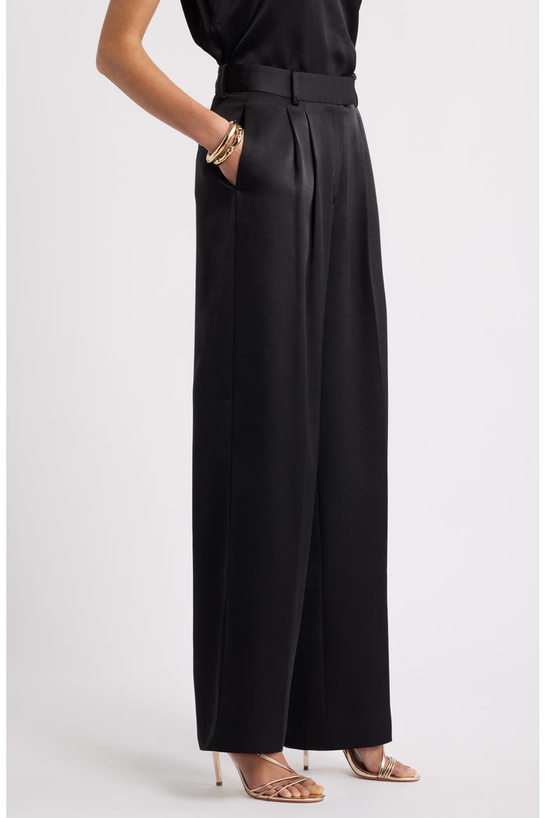 Pleated Satin Pants, Alternate, color, BLACK