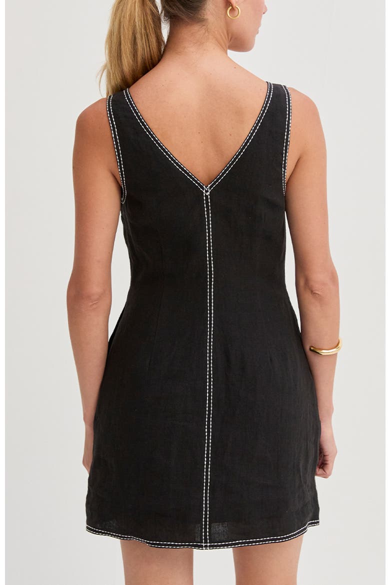 Contrast Stitch V-Neck Linen Mini Dress, Alternate, color, Black