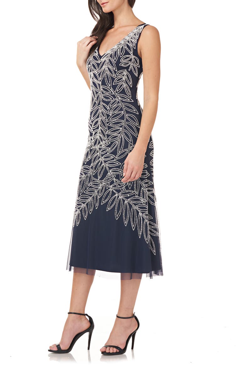 Beaded Sleeveless Midi Dress, Alternate, color, NAVY/ WHITE