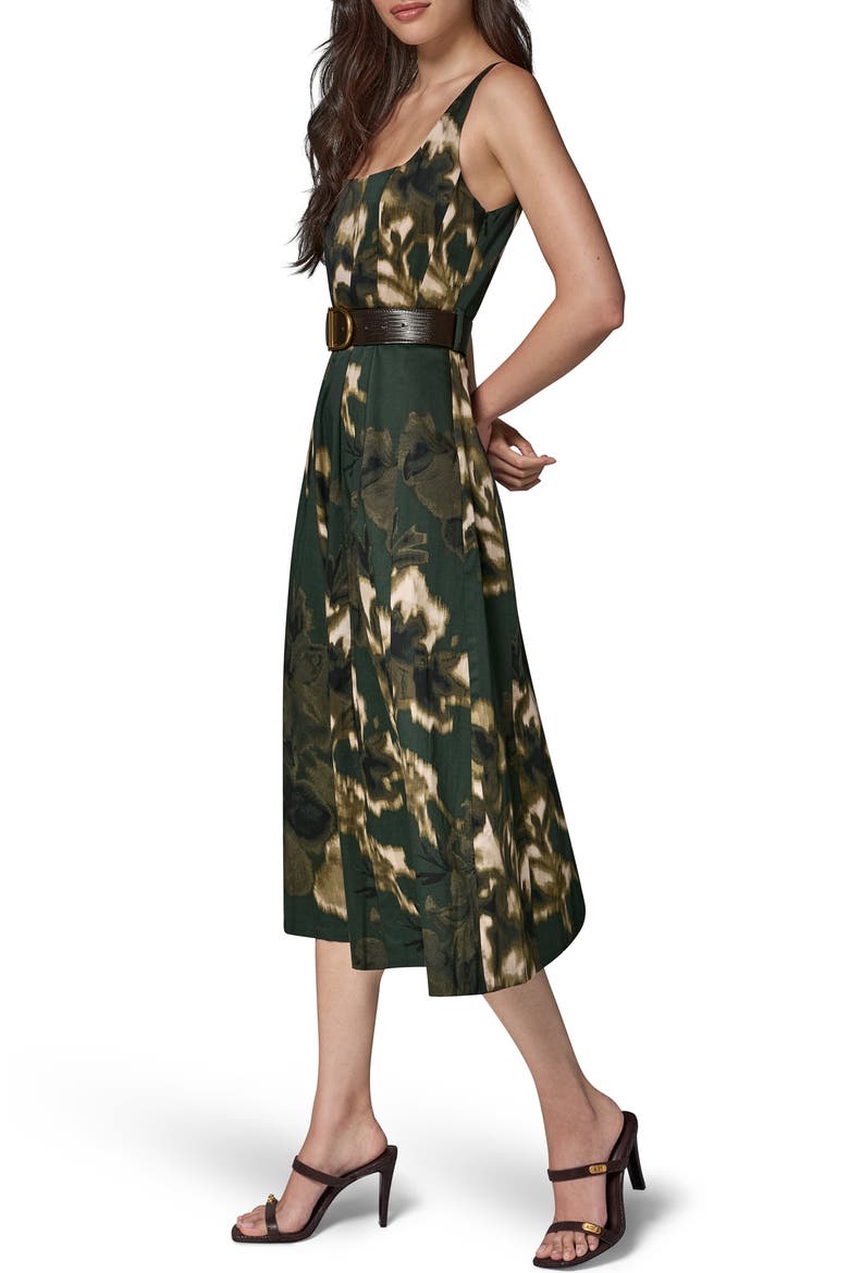 Printed Belted Fit & Flare Midi Dress, Alternate, color, BLACK FORE