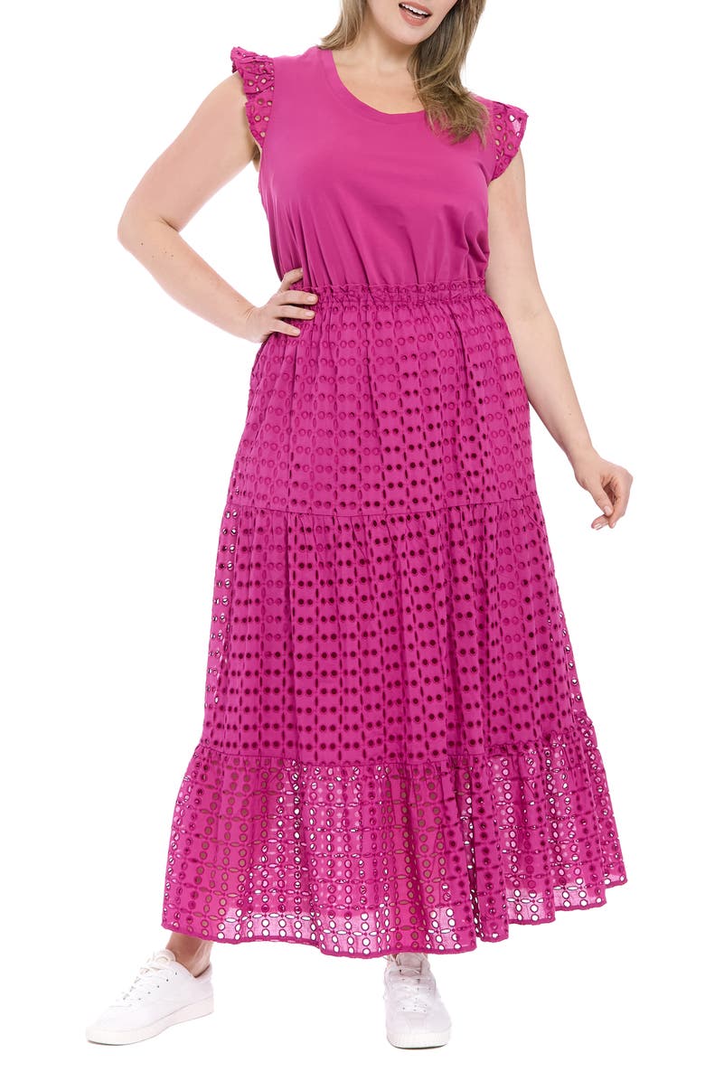 London Times Scoop Neck Mixed Media Tiered Maxi Dress, Main, color, Deep Orchid
