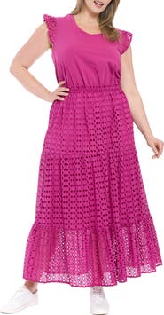 London Times Scoop Neck Mixed Media Tiered Maxi Dress