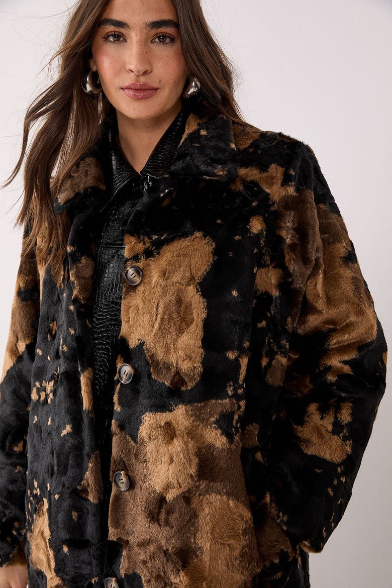Cow Print Faux Fur Longline Coat, Alternate, color, Brown