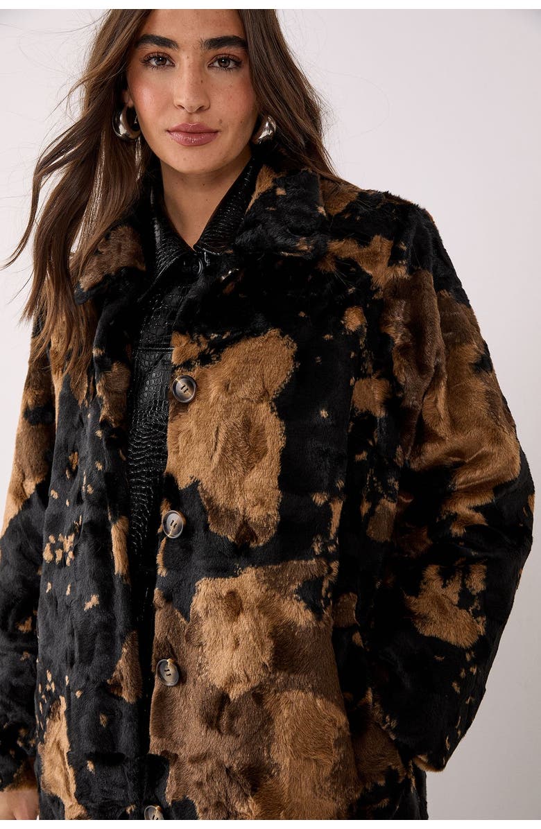 NASTY GAL Cow Print Faux Fur Longline Coat, Alternate, color, Brown