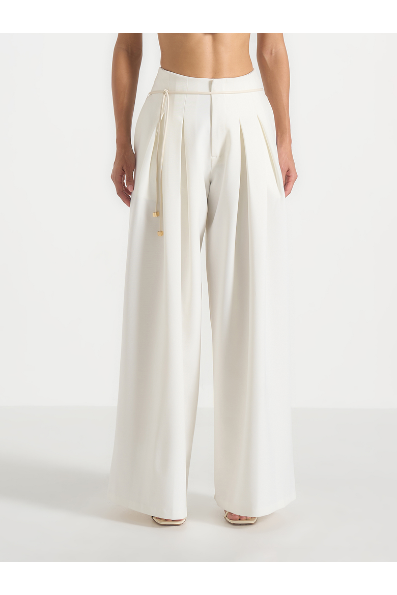 Flora Box Pleat Wide Leg Belted Trousers, Alternate, color, Cream