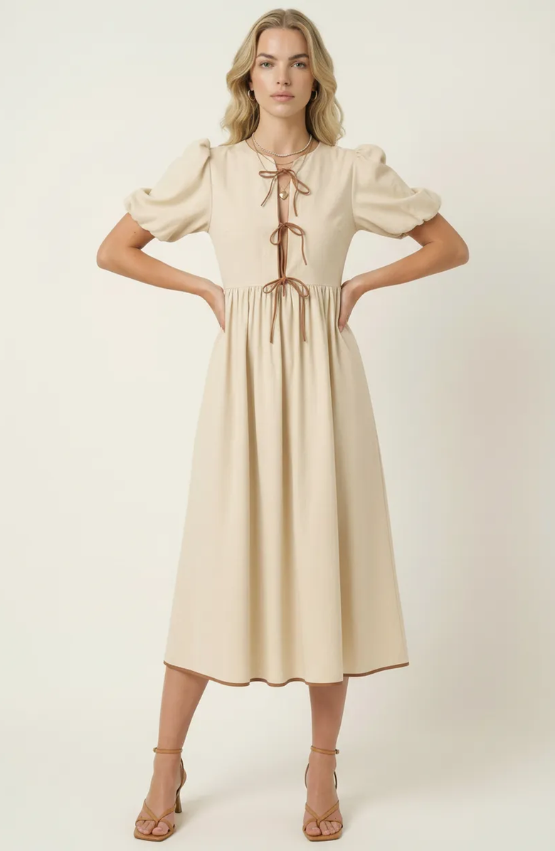 Modenaire Midi Puff Sleeve Dress with Contrast Ties and Hemline Trim, Alternate, color, Off-White / Cream
