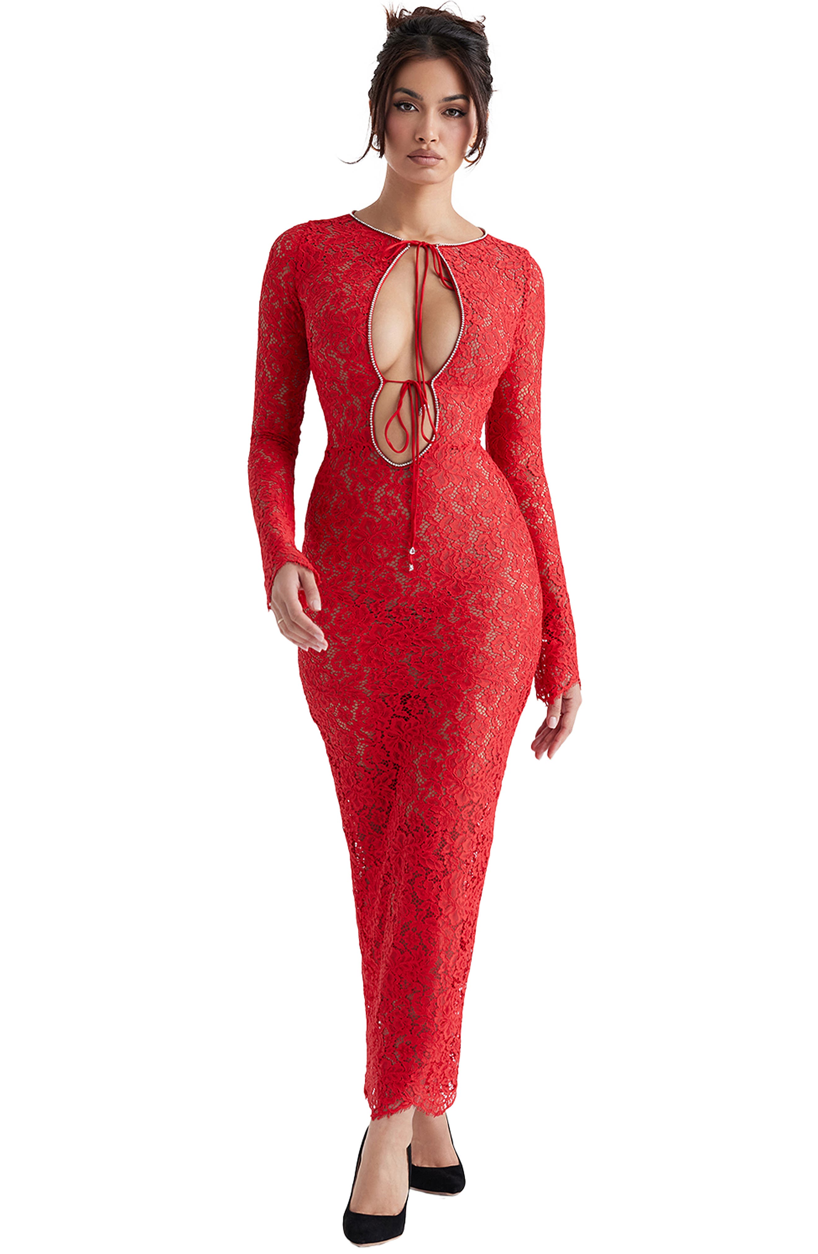 red lace long dress with sleeves Trumpet Mermaid Red Lace Long Sleeve Formal Evening Dresses TCDBF437