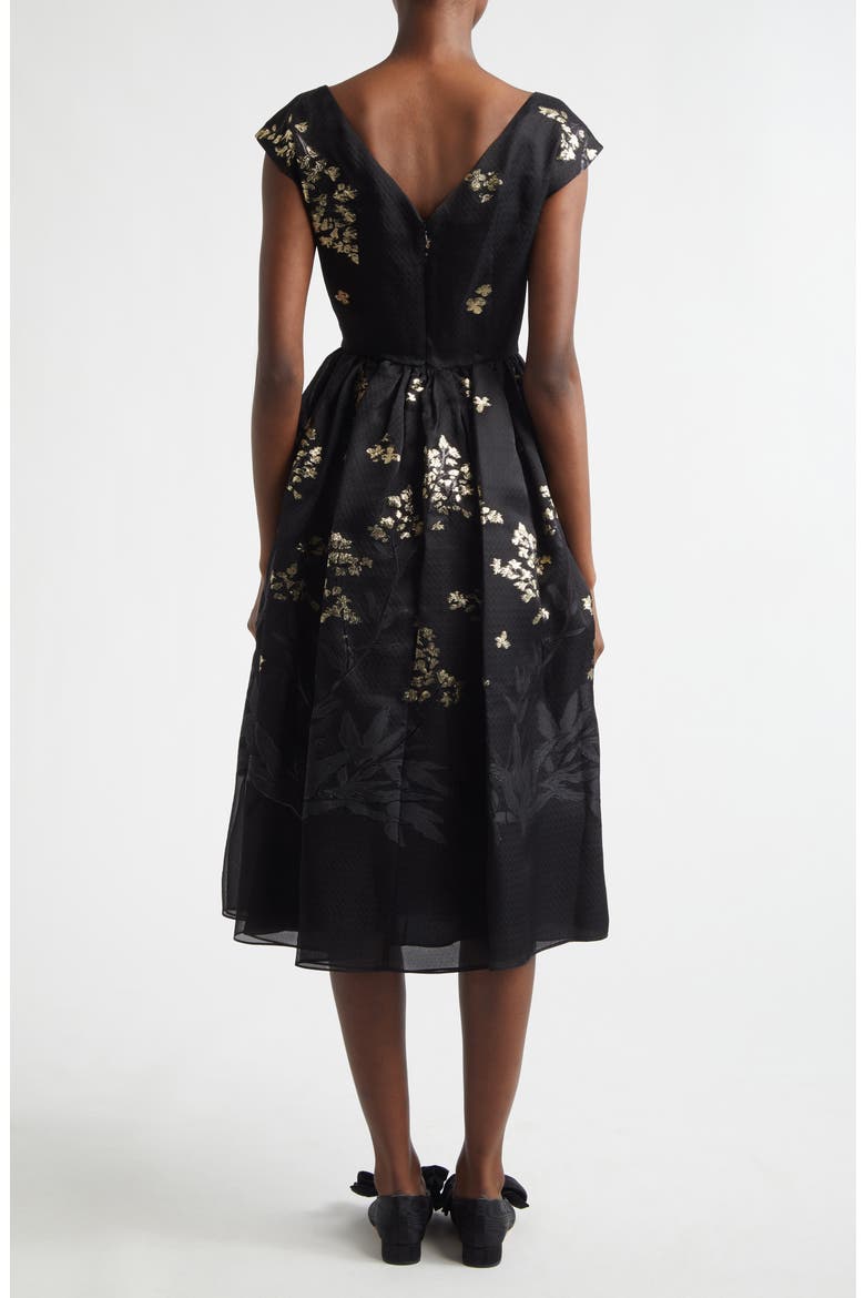 Floral Brocade Cap Sleeve Midi Dress, Alternate, color, BLACK