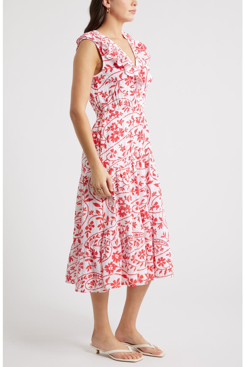 Ruffle Sleeveless Tiered Cotton Midi Dress, Alternate, color, WHITE- RED FLOWER PAISLEY
