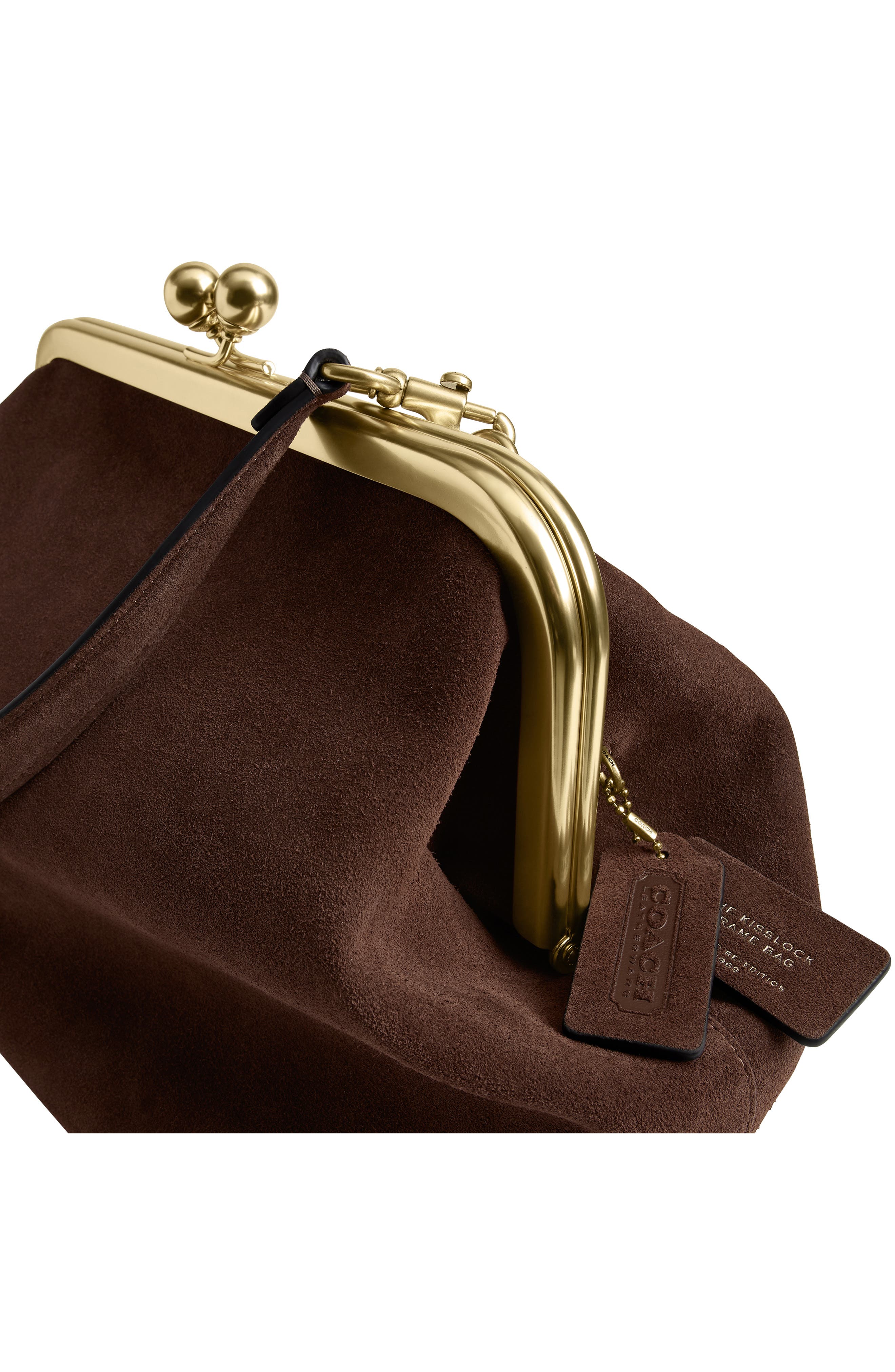 COACH Kiss-lock Frame 27 Suede Clutch, Alternate, color, Dark Chocolate