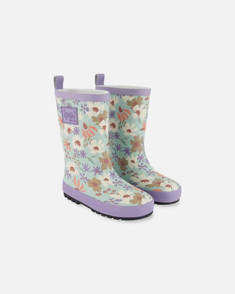 Girl's Printed Rain Boots Small White Flowers On Turquoise And Lilac