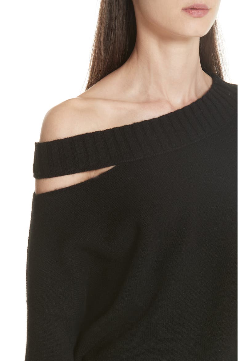 One Shoulder Slit Pullover Sweater, Alternate, color, BLACK
