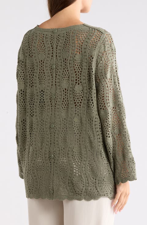 Long Sleeve Pointelle Sweater (Plus)