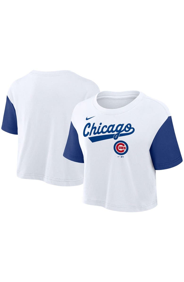 Nike Women's Nike White/Royal Chicago Cubs Script Cropped Performance T-Shirt, Alternate, color, 
