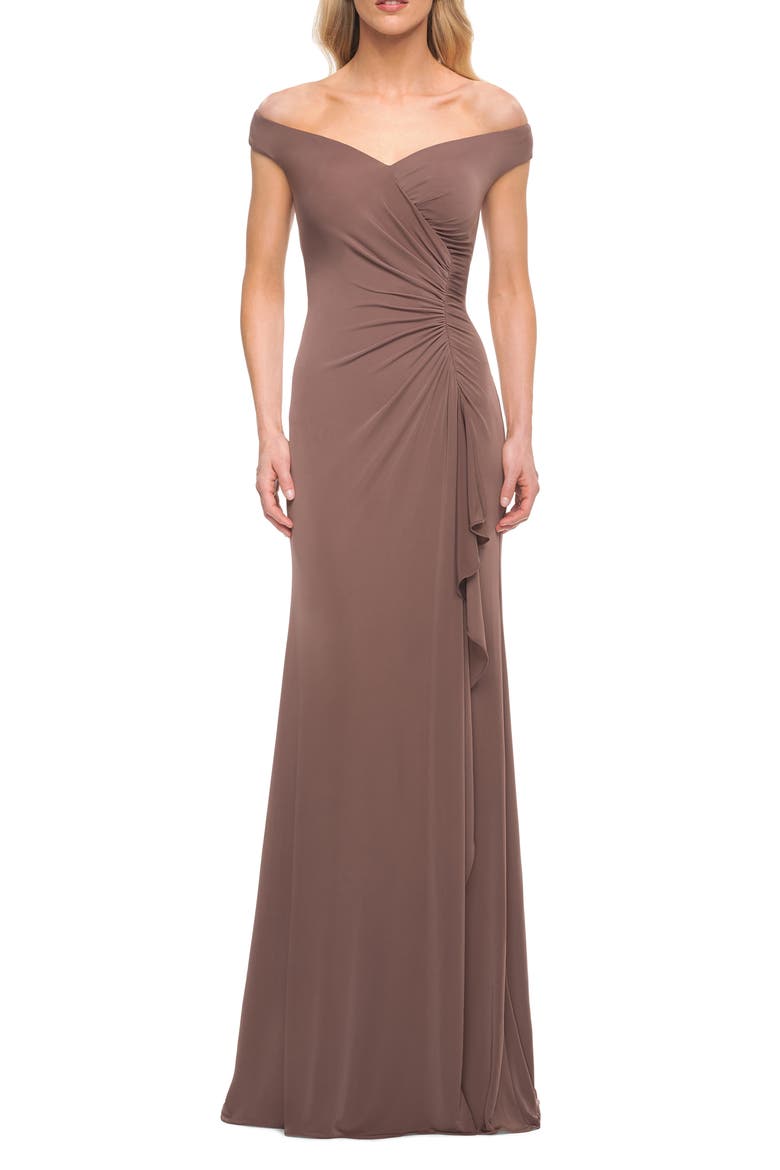 Off the Shoulder Ruched Jersey Gown, Main, color, COCOA