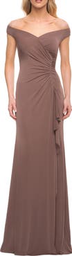 La Femme Off the Shoulder Ruched Jersey Gown