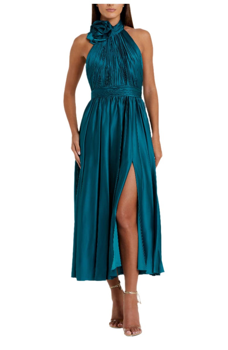 Mac Duggal Pleated Charmeuse High Neck Sleeveless Midi Dress, Main, color, Ocean
