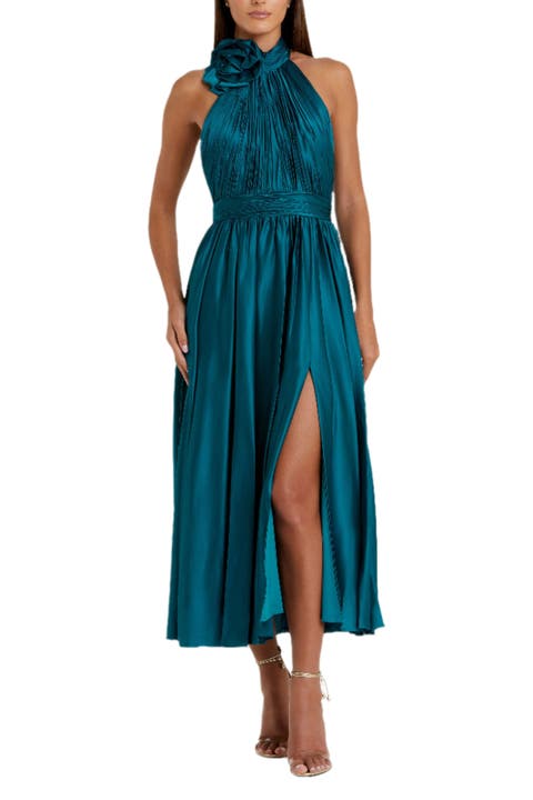 Pleated Charmeuse High Neck Sleeveless Midi Dress