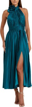 Mac Duggal Pleated Charmeuse High Neck Sleeveless Midi Dress