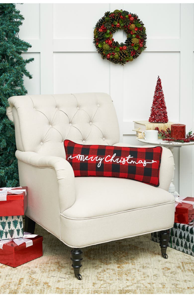 C&F Home Plaid Checkered "Merry Christmas" Embroidered Cotton Blend Mini Accent Pillow 9" x 22", Alternate, color, Black