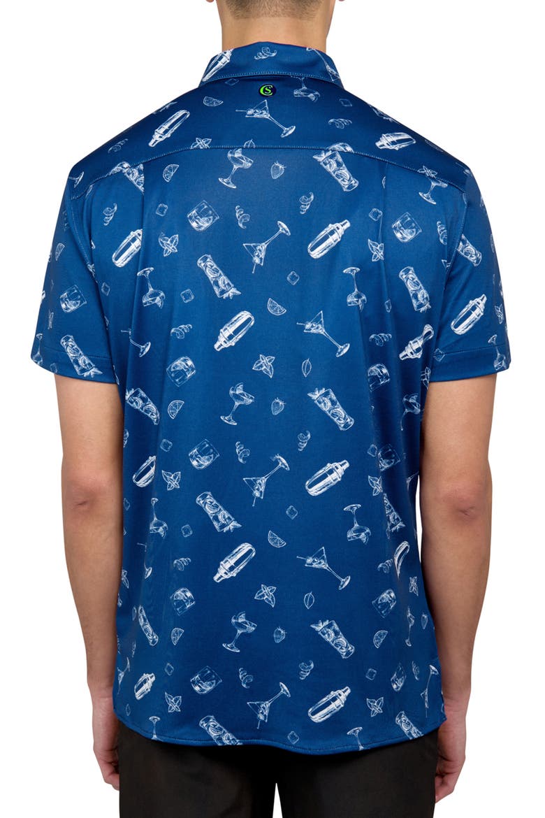 Regular Fit Cocktail Print Recycled Performance Golf Button-Down Shirt, Alternate, color, WHITE/BLUE