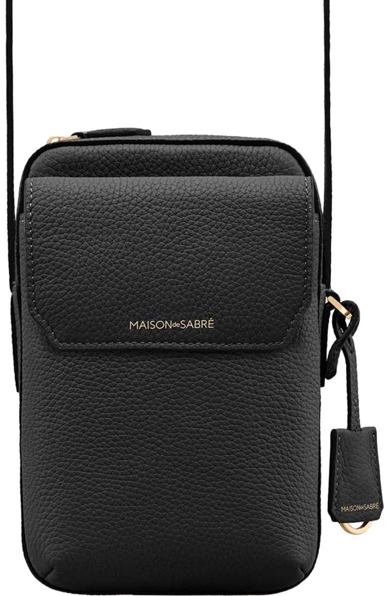 MAISON de SABRÉ Leather Zip Phone Pouch, Main, color, Black Caviar