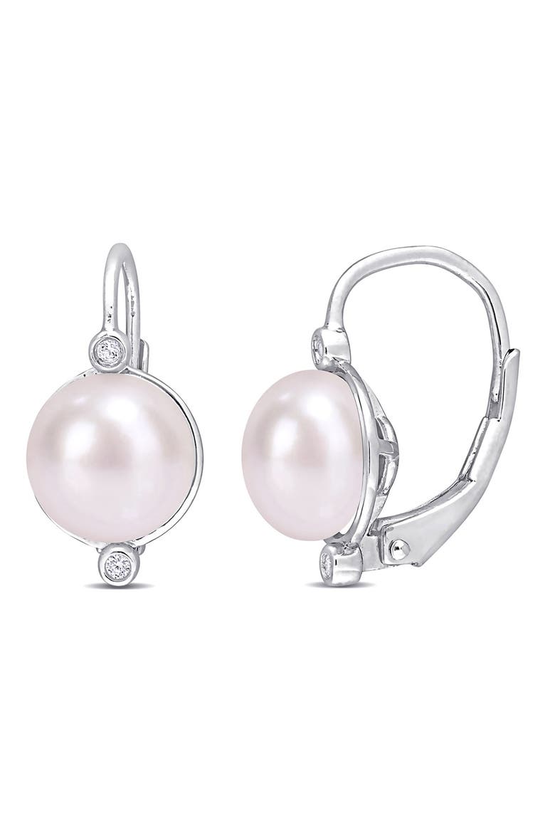 Diamond & 7.5-8mm Freshwater Pearl Earrings, Main, color, WHITE