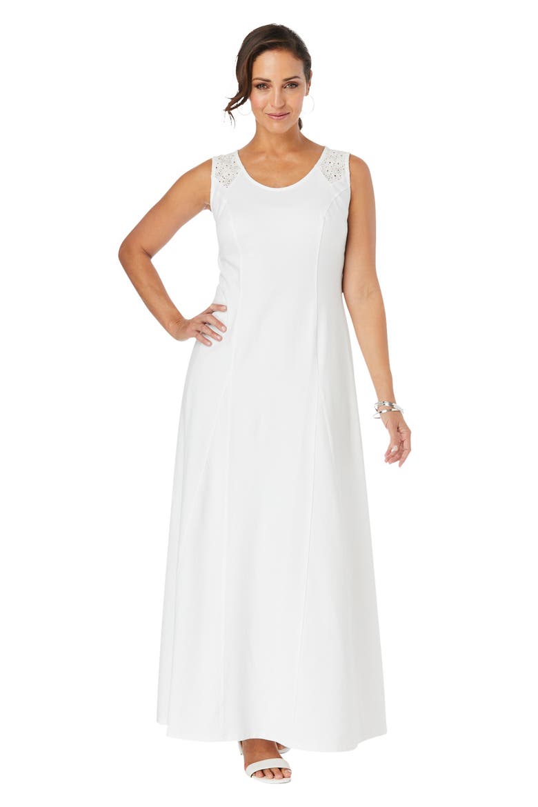 Stretch Cotton Crochet Back Maxi Dress, Main, color, WHITE