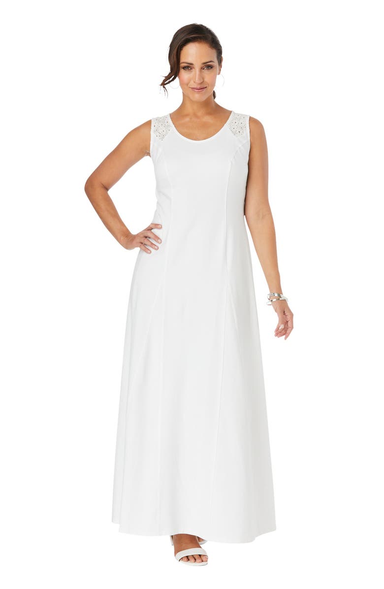 Jessica London Stretch Cotton Crochet-Back Maxi Dress, Main, color, White