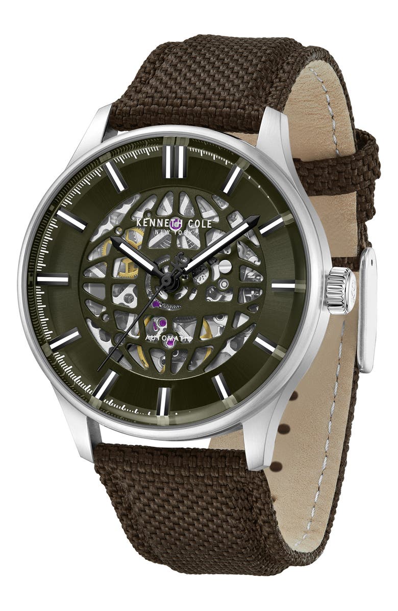 Kenneth Cole New York The Thompson Skeleton Automatic Nylon Strap Watch, 43.5mm, Alternate, color, Dark Brown